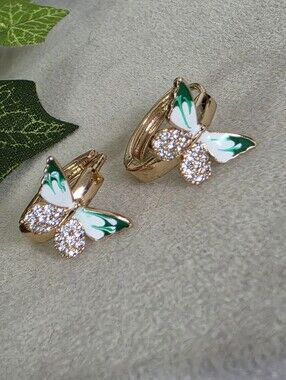 Gold Filled Huggie Hoop Earrings Green Enamel Butterfly Pave Crystal